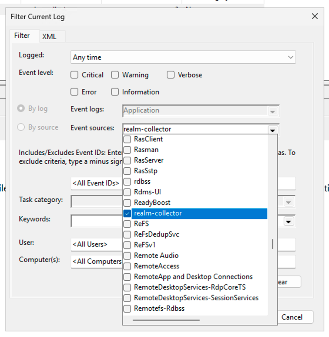 windows Event Filter Source