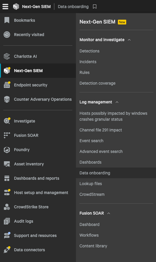 CrowdStrike Next Gen SIEM menu