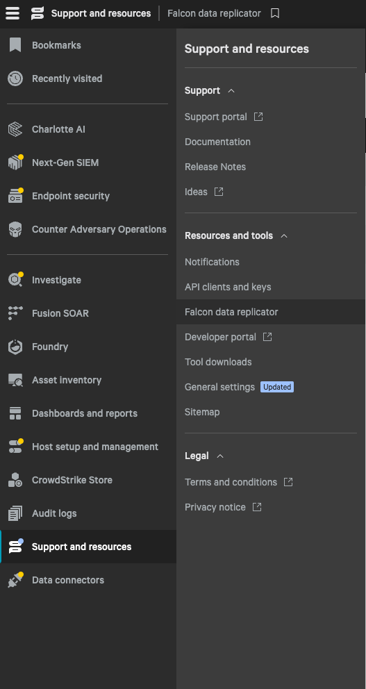 CS FDR Support and Resources menu