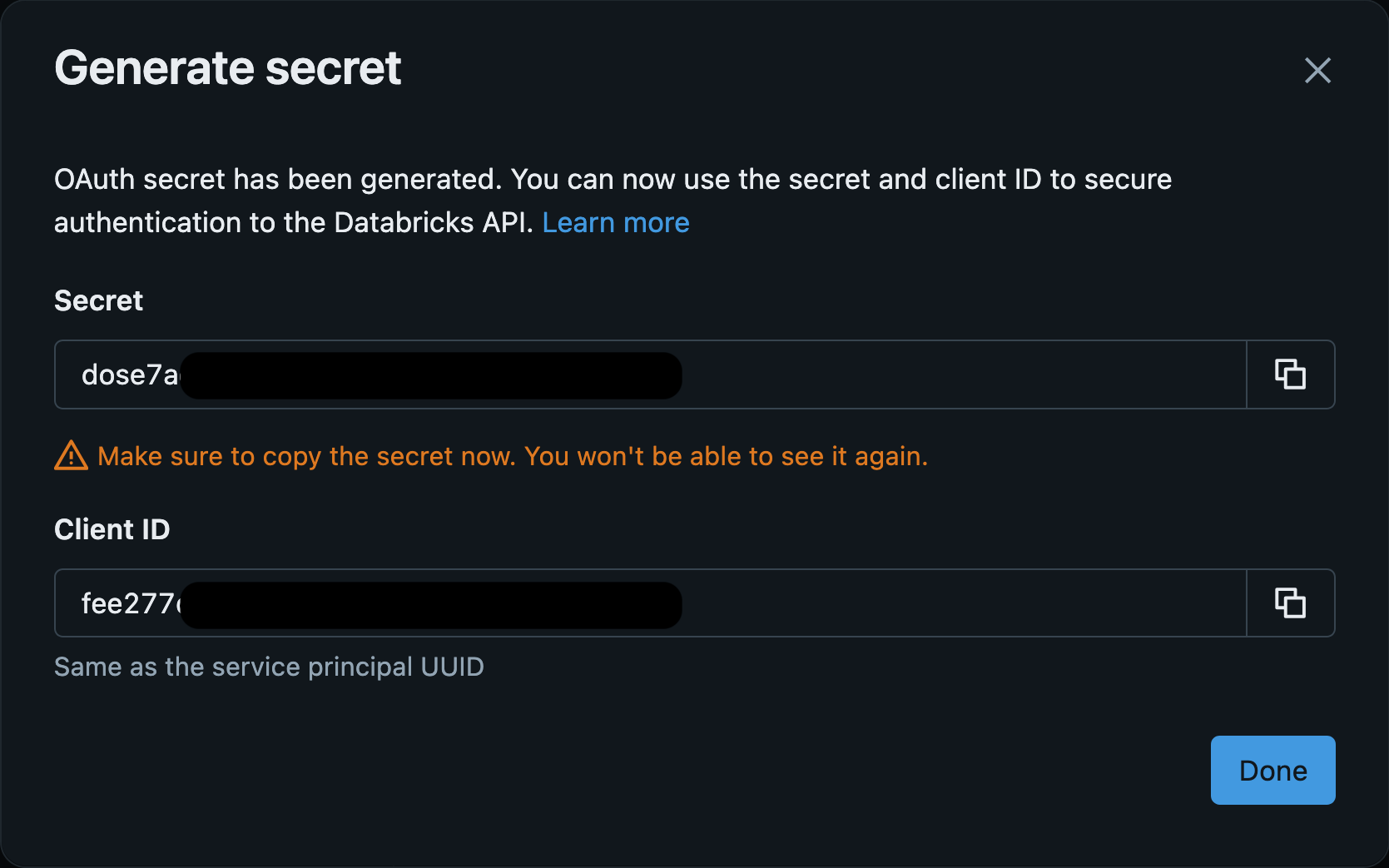Databricks Generate Secret Dialog
