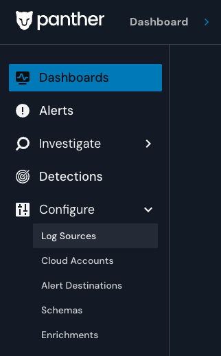 Panther sidebar navigation to Log Sources